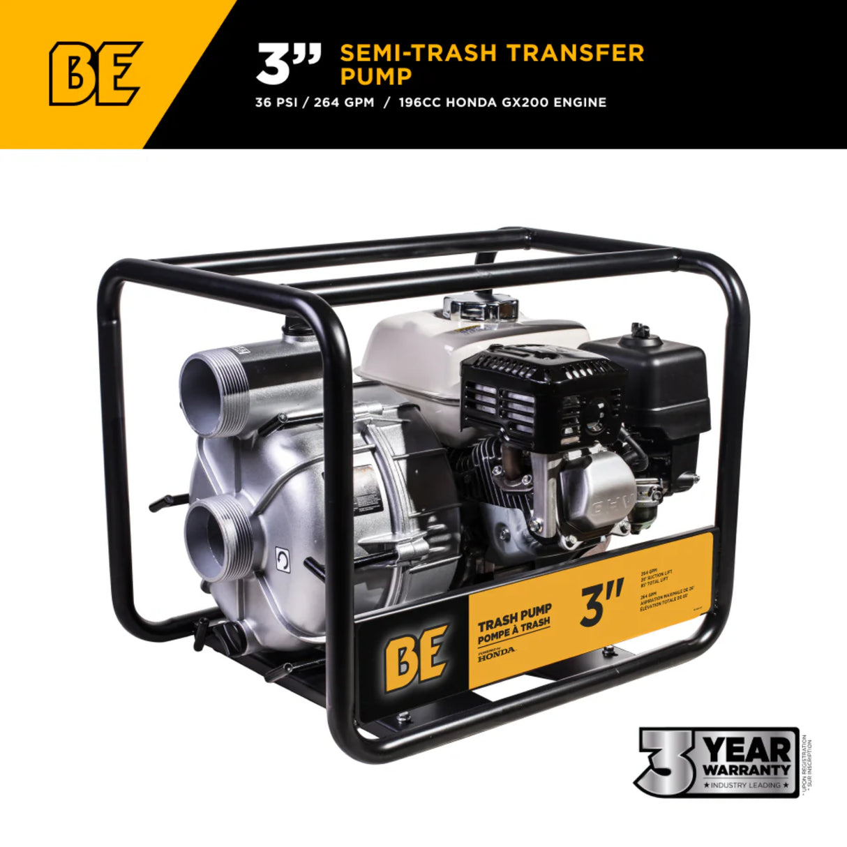BE Power 3" Gas-Powered Semi-Trash Transfer Pump with Honda GX200 Engine