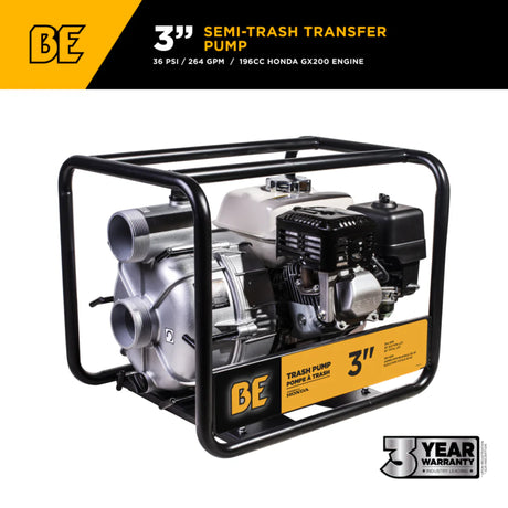 BE Power 3" Gas-Powered Semi-Trash Transfer Pump with Honda GX200 Engine