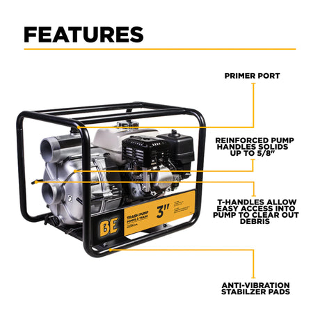 BE Power 3" Gas-Powered Semi-Trash Transfer Pump with Honda GX200 Engine