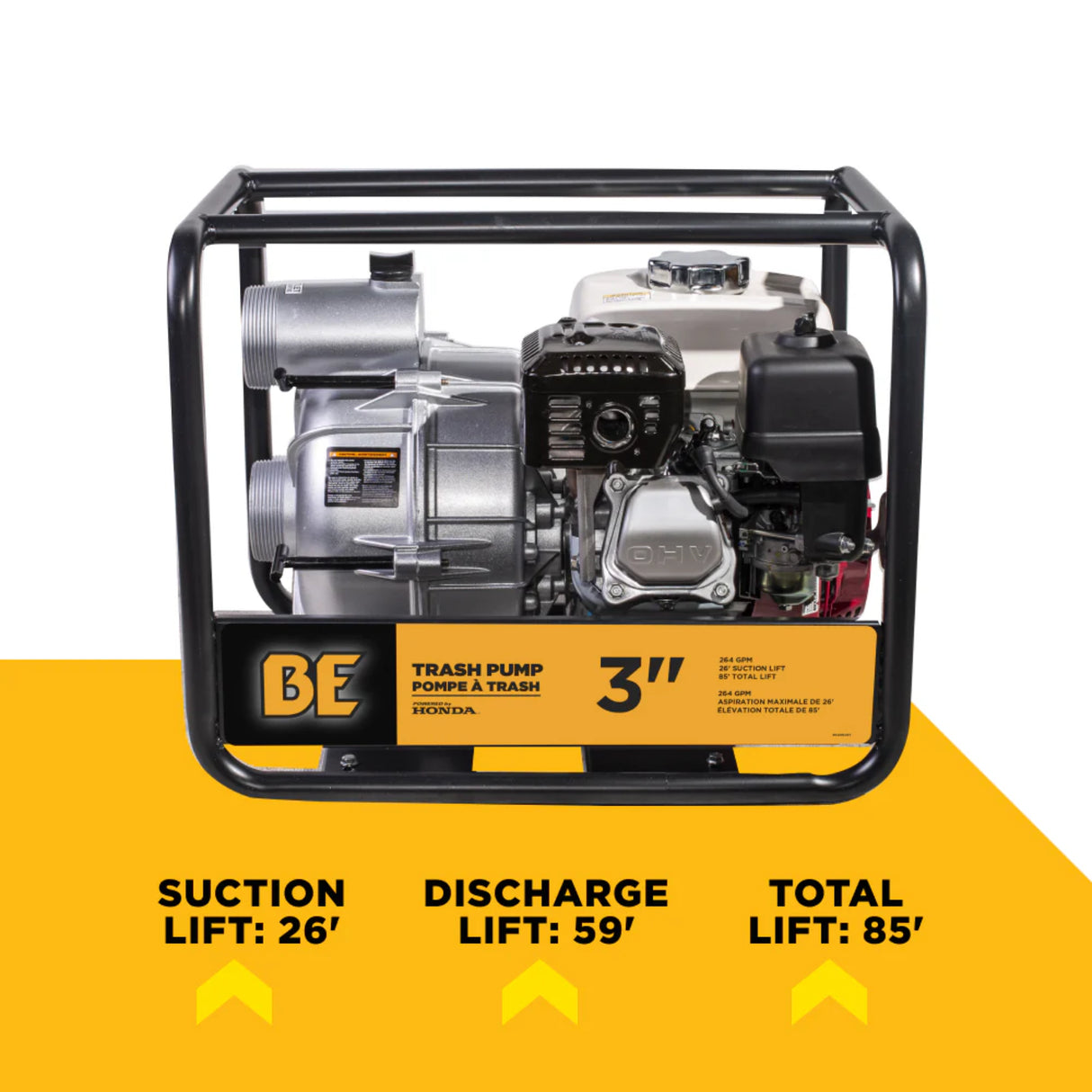 BE Power 3" Gas-Powered Semi-Trash Transfer Pump with Honda GX200 Engine
