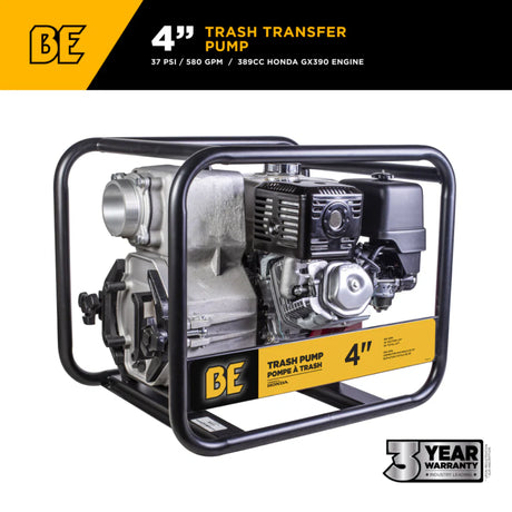 BE Power 4" Gas-Powered Trash Transfer Pump with Honda GX390 Engine