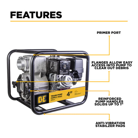 BE Power 4" Gas-Powered Trash Transfer Pump with Honda GX390 Engine