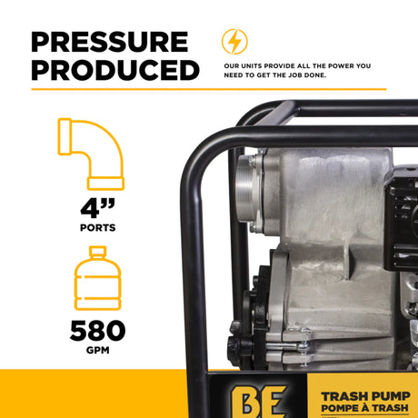 BE Power 4" Gas-Powered Trash Transfer Pump with Honda GX390 Engine