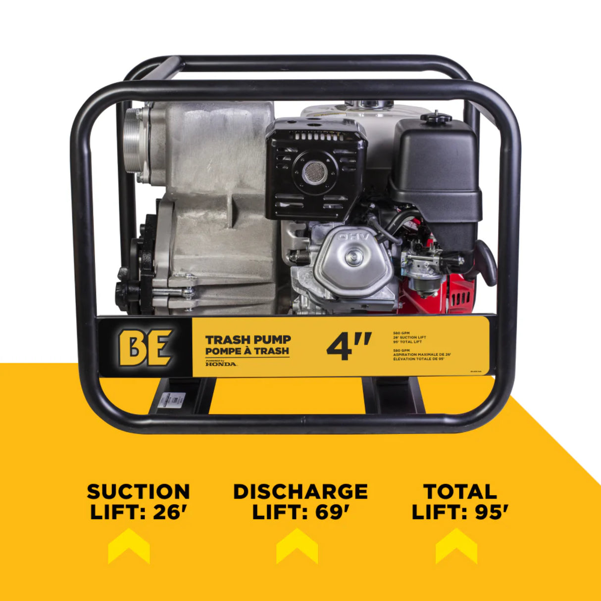 BE Power 4" Gas-Powered Trash Transfer Pump with Honda GX390 Engine