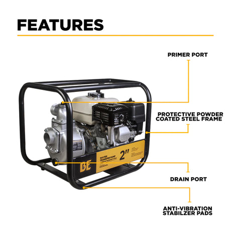 BE Power 2" Gas-Powered Water Transfer Pump with Honda GX200 Engine