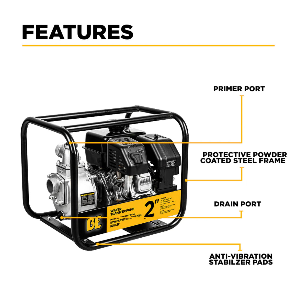 BE Power 2" Gas-Powered Water Transfer Pump with Kohler SH270 Engine