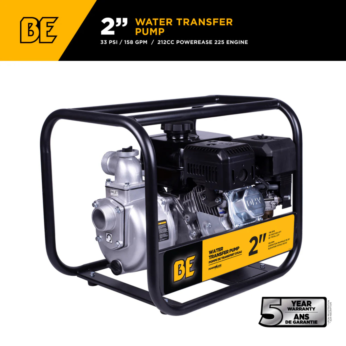 BE Power 2" Gas-Powered Water Transfer Pump with Powerease 225 Engine