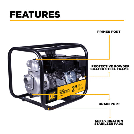BE Power 2" Gas-Powered Water Transfer Pump with Powerease 225 Engine