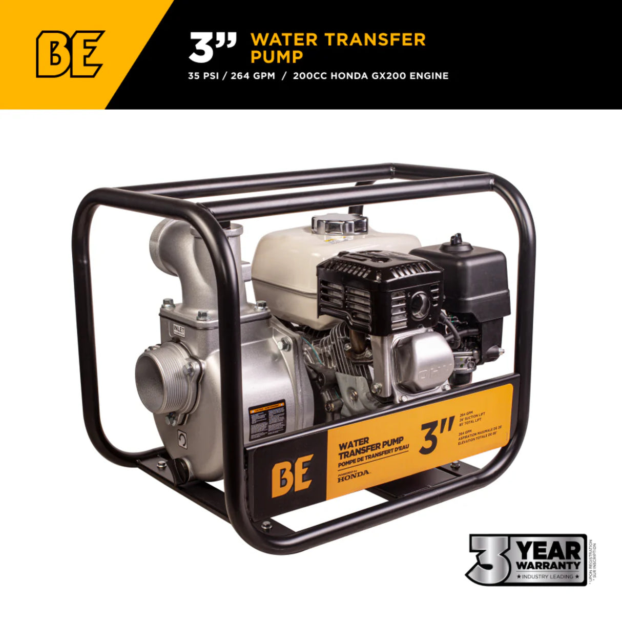 BE Power 3" Gas-Powered Water Transfer Pump with Honda GX200 Engine