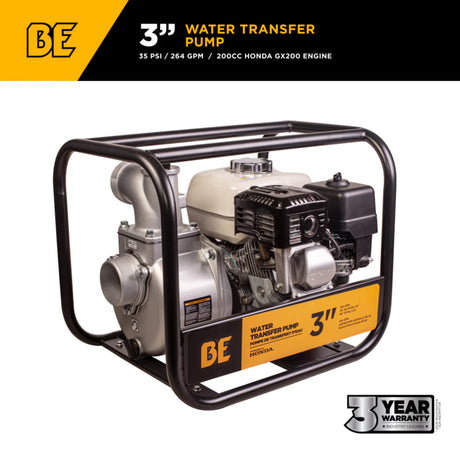 BE Power 3" Gas-Powered Water Transfer Pump with Honda GX200 Engine