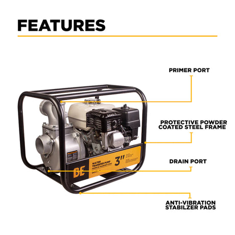 BE Power 3" Gas-Powered Water Transfer Pump with Honda GX200 Engine