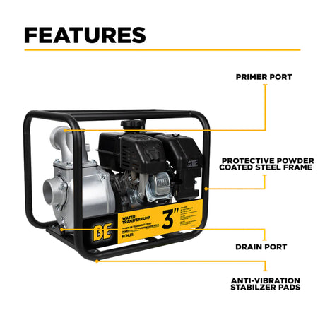 BE Power 3" Gas-Powered Water Transfer Pump with Kohler SH270 Engine
