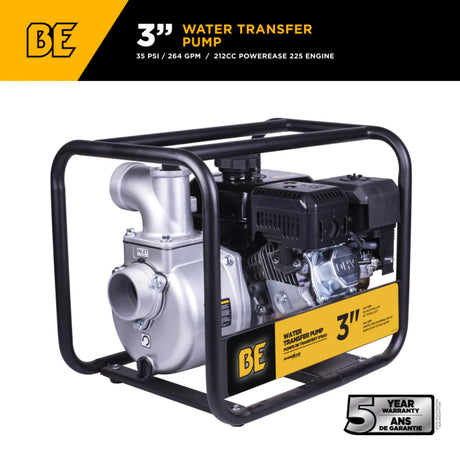 BE Power 3" Gas-Powered Water Transfer Pump with Powerease 225 Engine