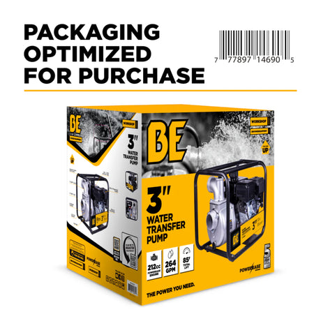 BE Power 3" Gas-Powered Water Transfer Pump with Powerease 225 Engine
