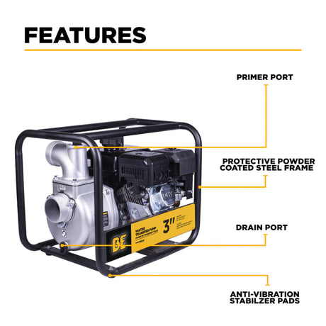 BE Power 3" Gas-Powered Water Transfer Pump with Powerease 225 Engine