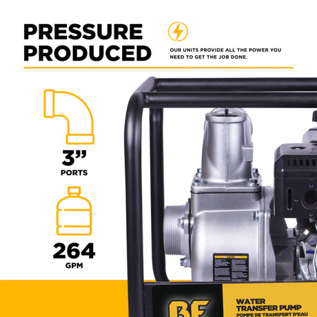 BE Power 3" Gas-Powered Water Transfer Pump with Powerease 225 Engine
