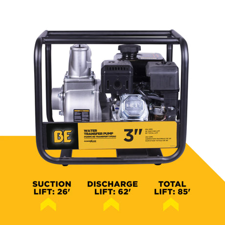 BE Power 3" Gas-Powered Water Transfer Pump with Powerease 225 Engine