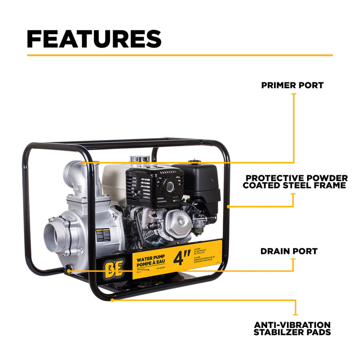 BE Power 4" Gas-Powered Water Transfer Pump with Honda GX390 Engine
