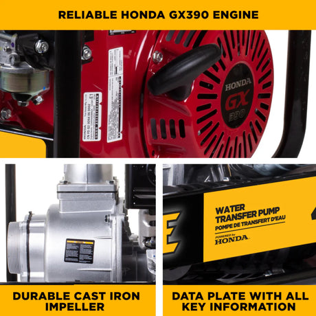BE Power 4" Gas-Powered Water Transfer Pump with Honda GX390 Engine