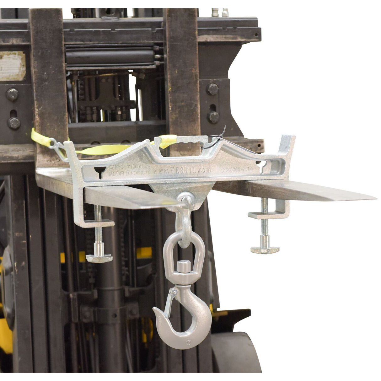 Vestil D-FORK / S-FORK Forklift Hoisting Hook — Fork-Mounted Crane Hook with Shackle & 48" Safety Restraint, 4,000–10,000 lb