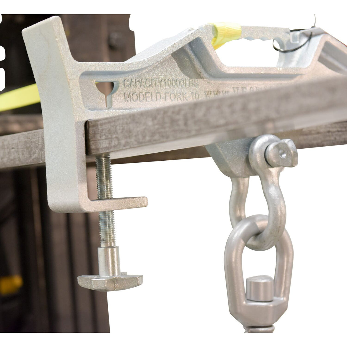 Vestil D-FORK / S-FORK Forklift Hoisting Hook — Fork-Mounted Crane Hook with Shackle & 48" Safety Restraint, 4,000–10,000 lb