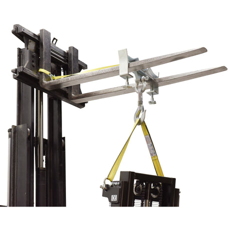 Vestil D-FORK / S-FORK Forklift Hoisting Hook — Fork-Mounted Crane Hook with Shackle & 48" Safety Restraint, 4,000–10,000 lb