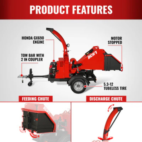 MechMaxx - HONDA GX690 22HP 688cc Gas Powered 7” Hydraulic Feed Wood Chipper, Highway Towable Disc Chipper DCH7