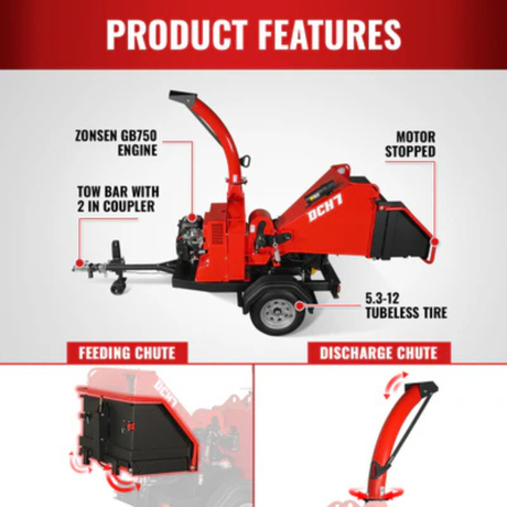 MechMaxx - 25HP 750cc ZONSEN Twin Cylinder Gas Powered 7” Hydraulic Feed Wood Chipper, Highway Towable DCH7