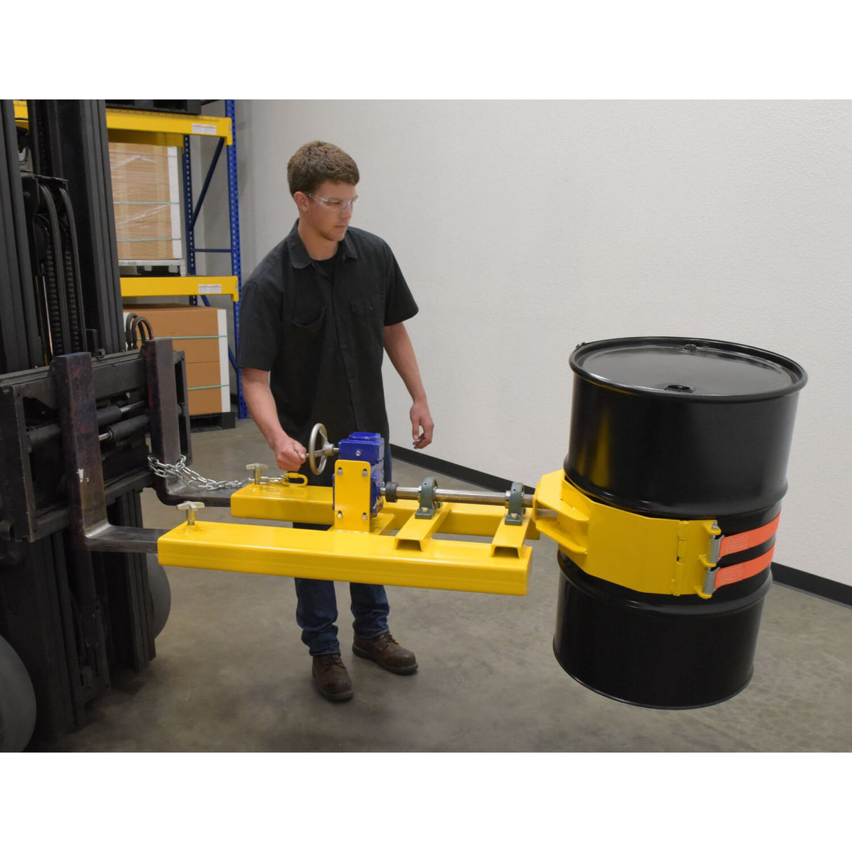 Vestil DCR-RAR-12 Right Angle Drum Carrier & Rotator — Fork-Mounted Hand-Crank Drum Positioner, 1,200 lb Capacity, Steel