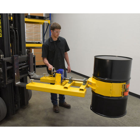 Vestil DCR-RAR-12 Right Angle Drum Carrier & Rotator — Fork-Mounted Hand-Crank Drum Positioner, 1,200 lb Capacity, Steel