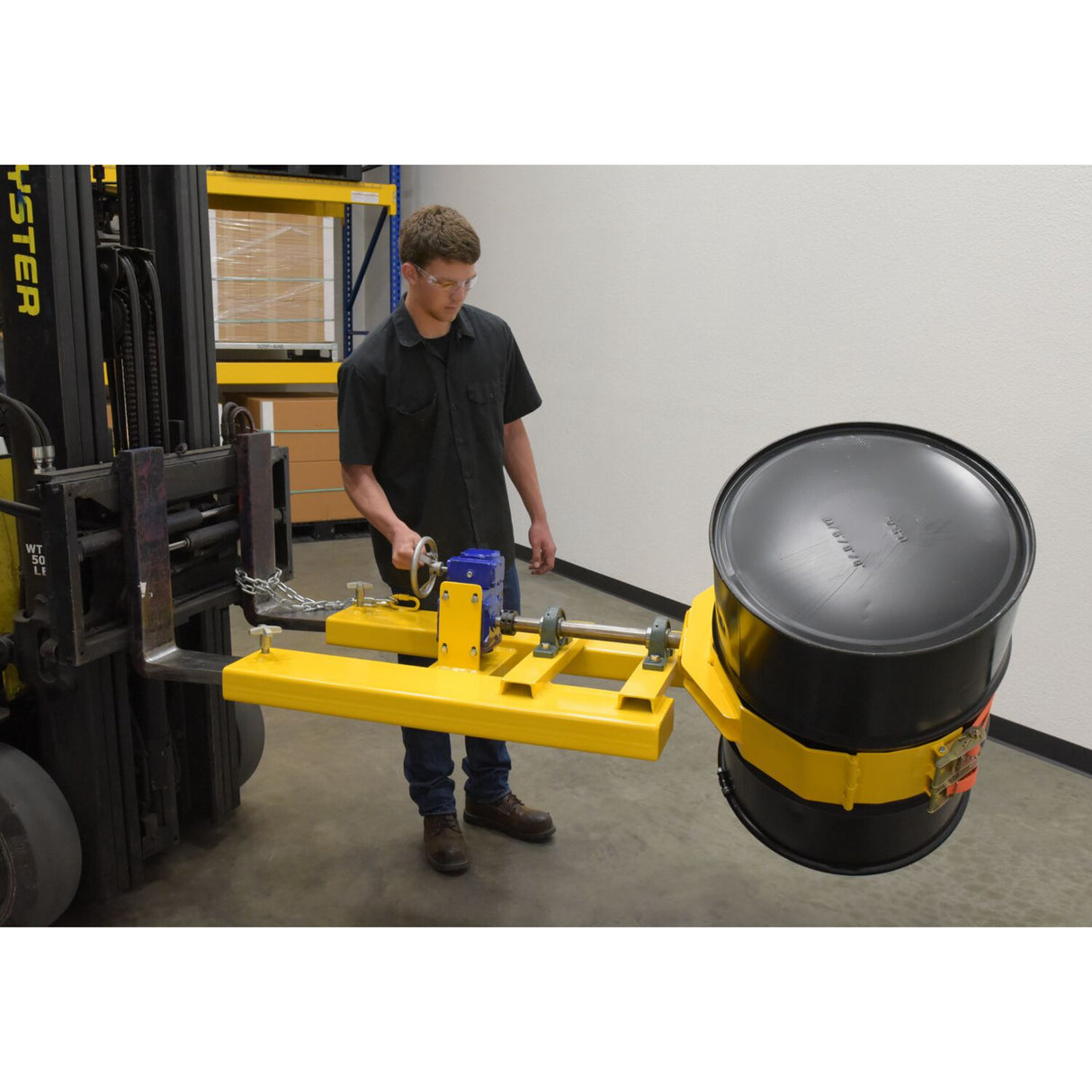 Vestil DCR-RAR-12 Right Angle Drum Carrier & Rotator — Fork-Mounted Hand-Crank Drum Positioner, 1,200 lb Capacity, Steel