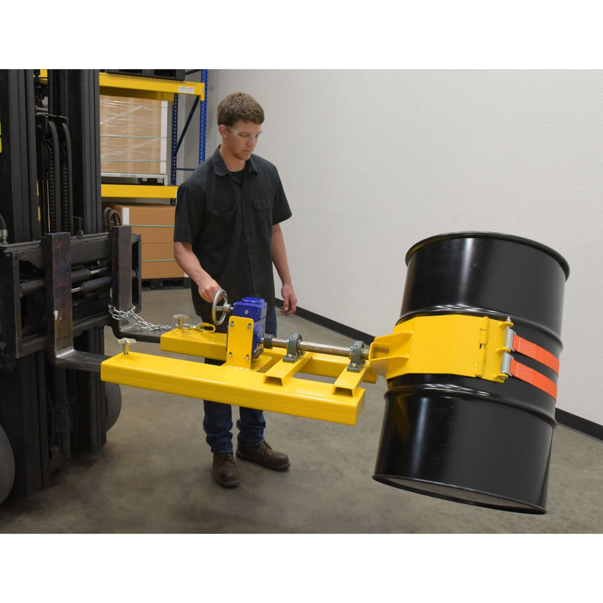 Vestil DCR-RAR-12 Right Angle Drum Carrier & Rotator — Fork-Mounted Hand-Crank Drum Positioner, 1,200 lb Capacity, Steel