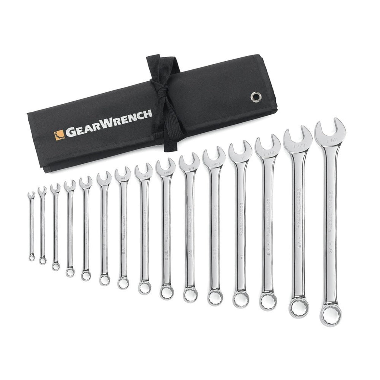 GearWrench 81918 15-Pc 12-Point Long Pattern Combination Wrench Set — SAE 5/16" to 1-1/4", Tool Roll