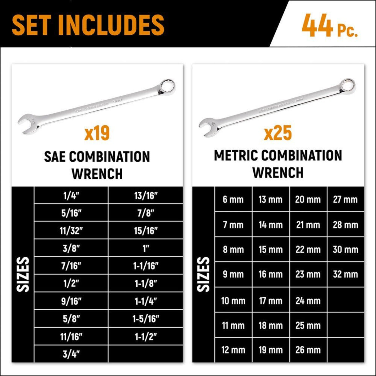 GearWrench 81919 44-Pc 12-Point Long Pattern Combination Wrench Set — SAE & Metric