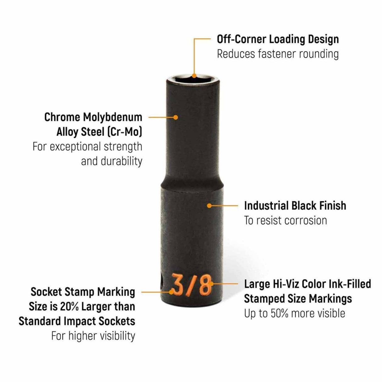 GearWrench 84934H 19-Pc 1/2" Drive 6-Point Hi-Viz SAE Deep Impact Socket Set