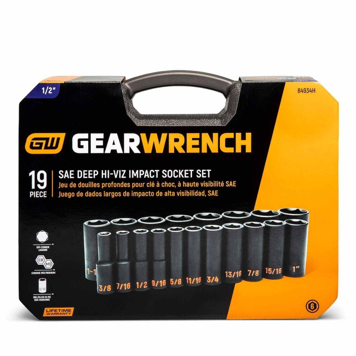 GearWrench 84934H 19-Pc 1/2" Drive 6-Point Hi-Viz SAE Deep Impact Socket Set