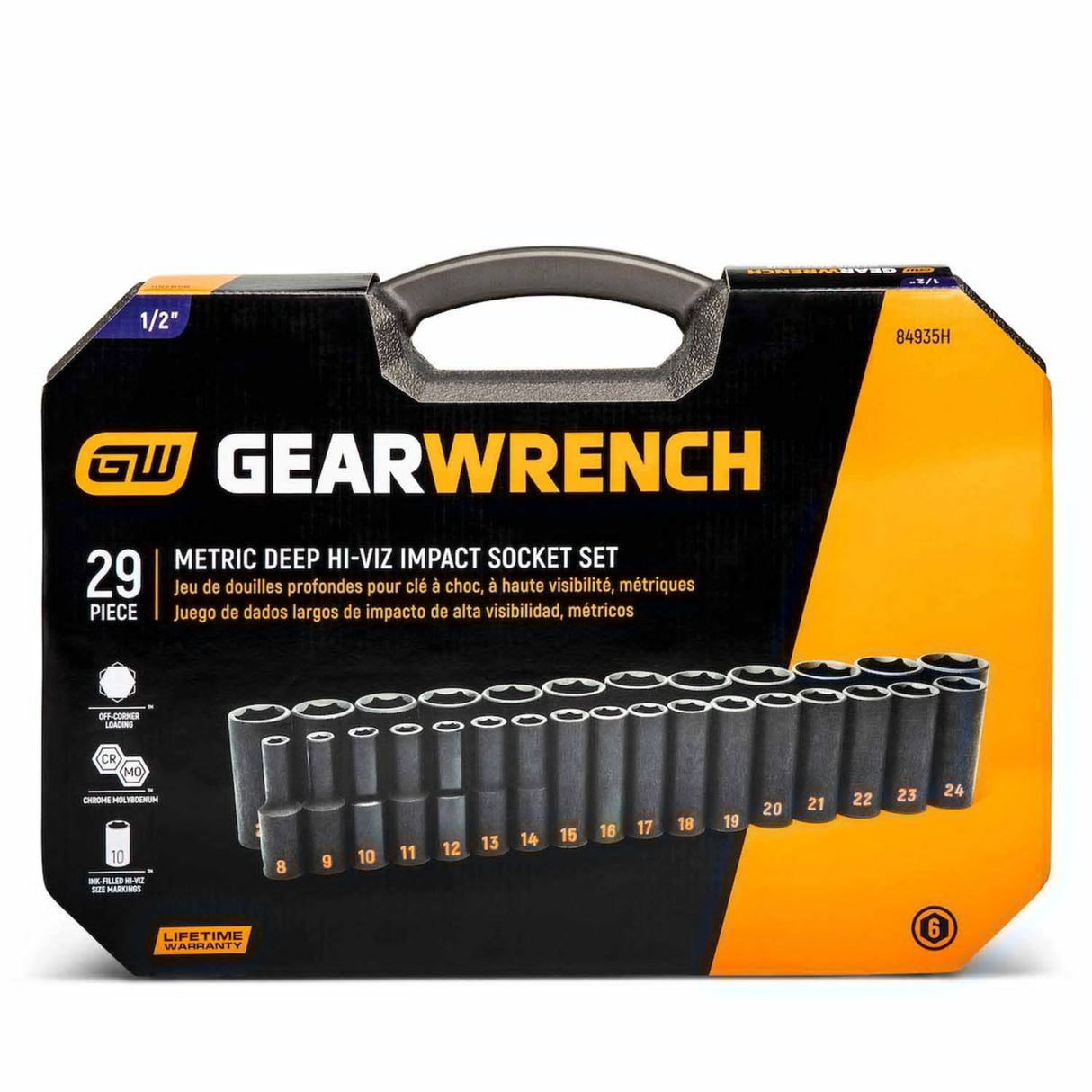 GearWrench 84935H 29-Pc 1/2" Drive 6-Point Hi-Viz Metric Deep Impact Socket Set
