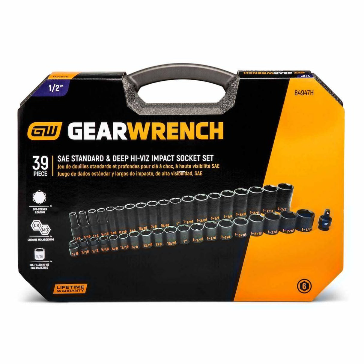 GearWrench 84947H 39-Pc 1/2" Drive 6-Point Hi-Viz SAE Impact Socket Set — Standard & Deep