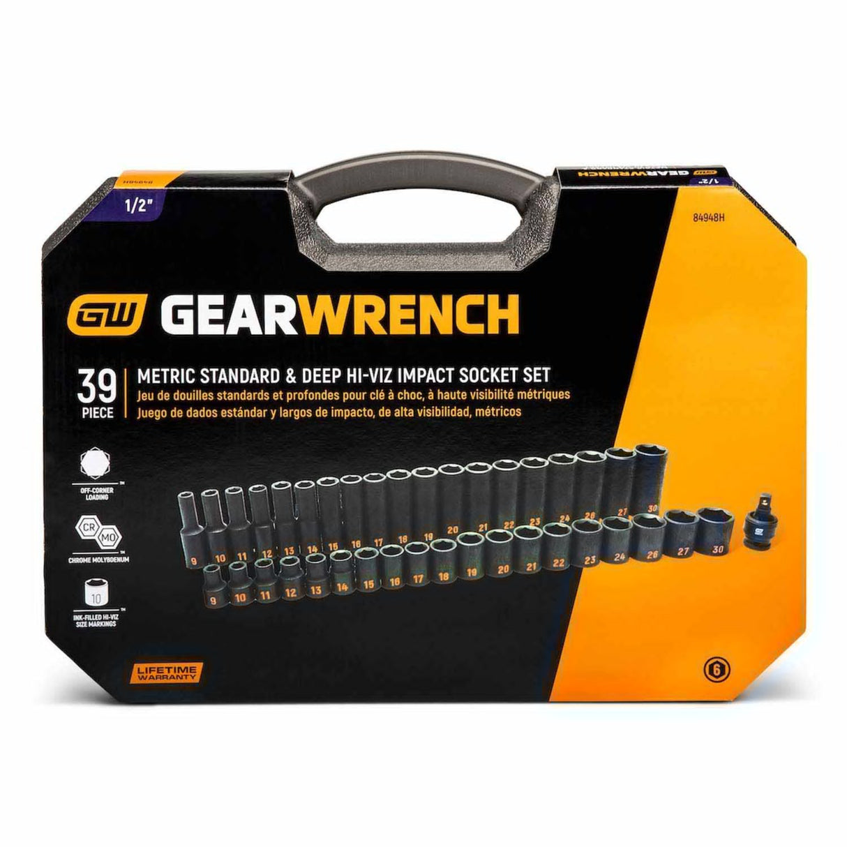 GearWrench 84948H 39-Pc 1/2" Drive 6-Point Hi-Viz Metric Impact Socket Set — Standard & Deep