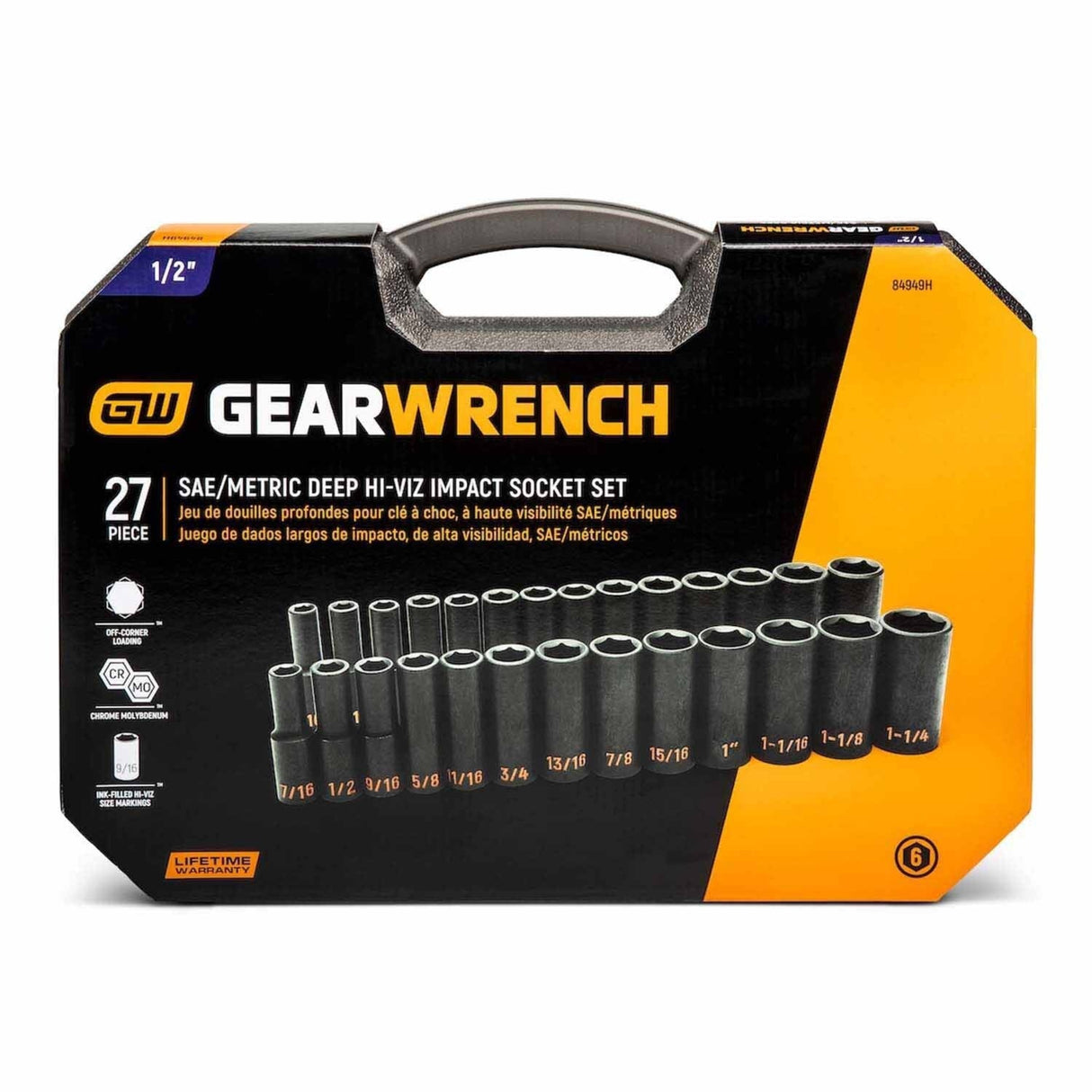 GearWrench 84949H 27-Pc 1/2" Drive 6-Point Hi-Viz Deep Impact Socket Set — SAE & Metric