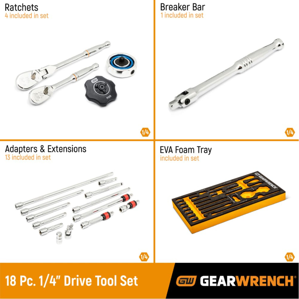 GearWrench 86520 18-Pc 1/4" Drive 90-Tooth Ratchet & Drive Tool Set — EVA Foam Tray