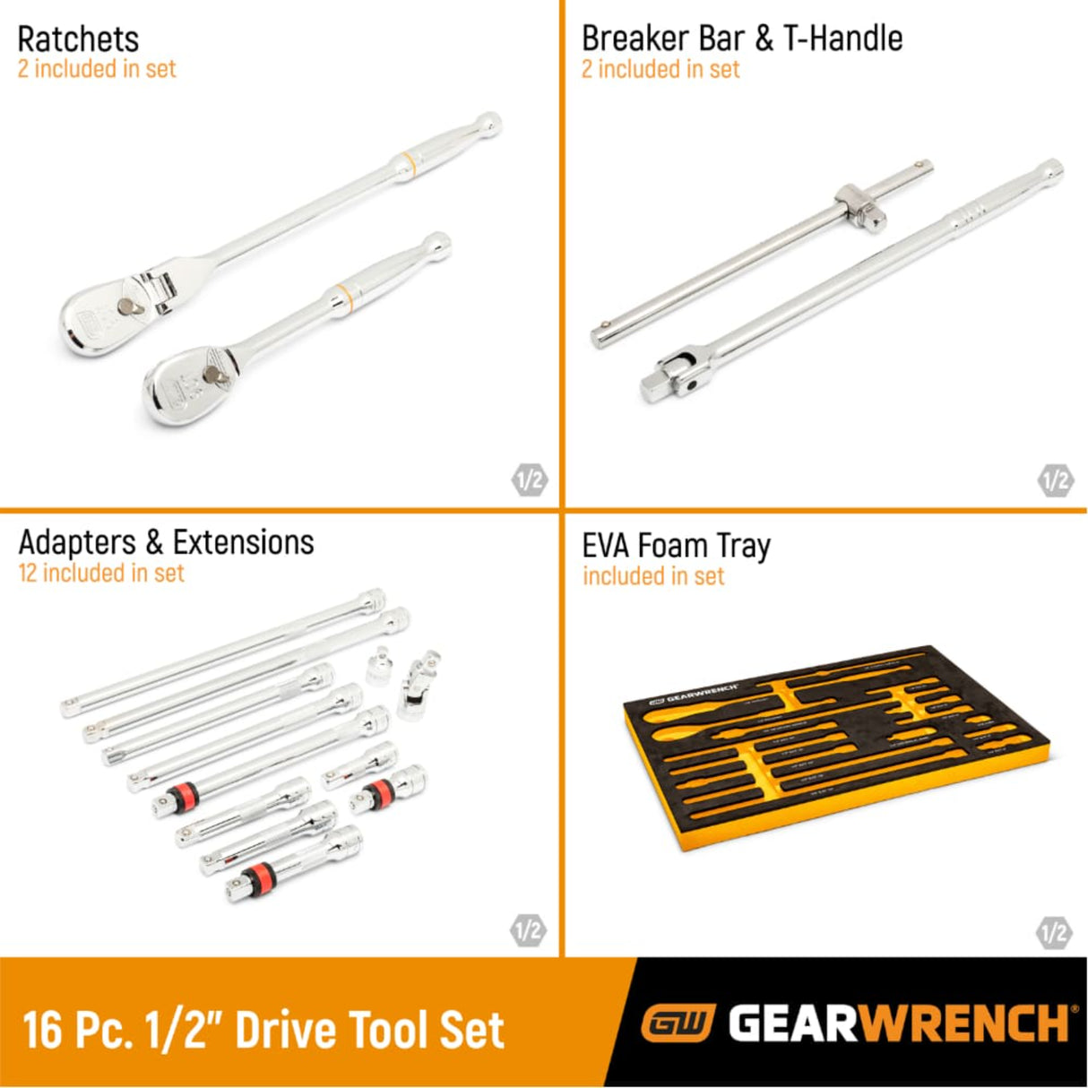 GearWrench 86522 18-Pc 1/2" Drive 90-Tooth Ratchet & Drive Tool Set — EVA Foam Tray