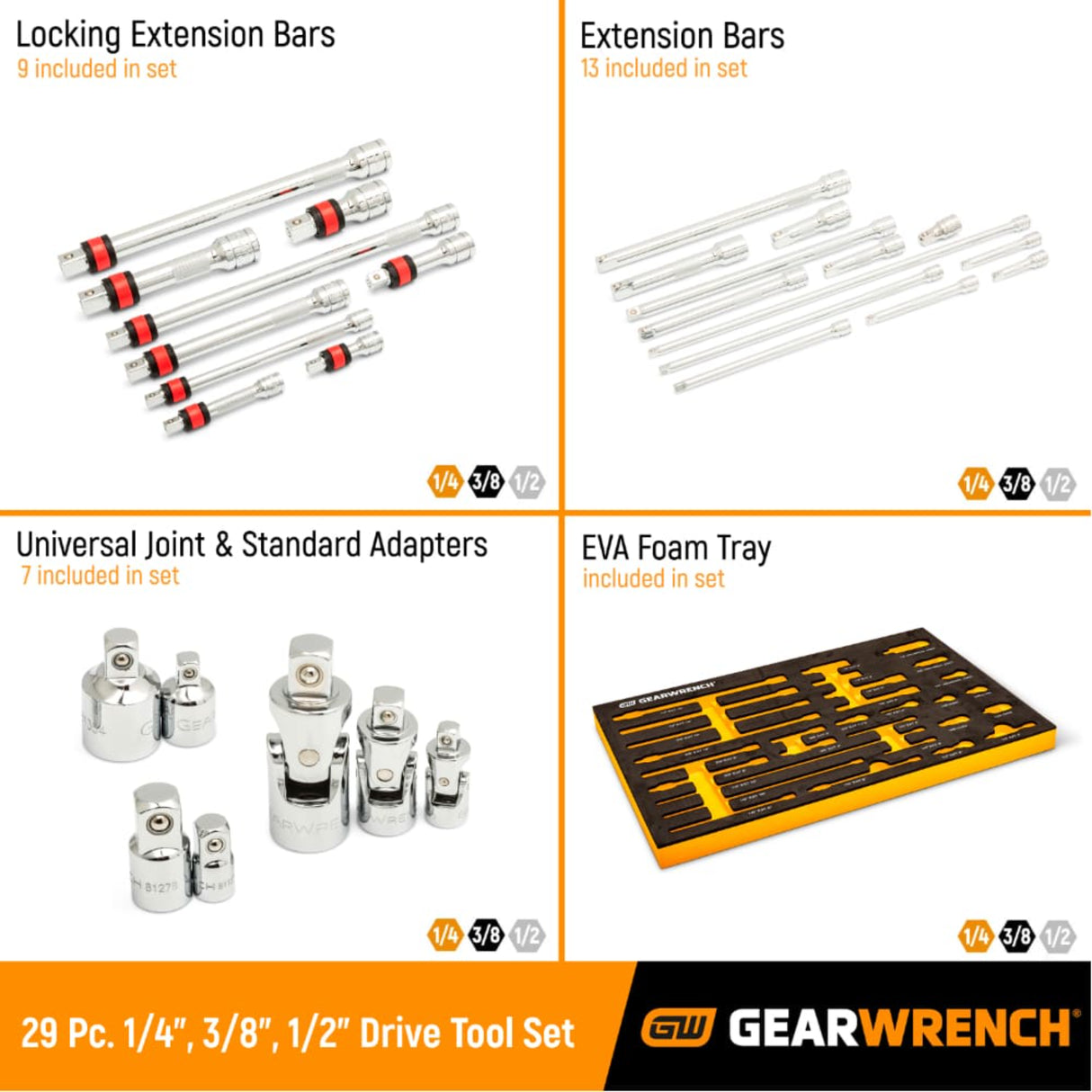 GearWrench 86523 29-Pc Chrome Drive Accessory Set — 1/4", 3/8", 1/2" Drive, EVA Foam Tray