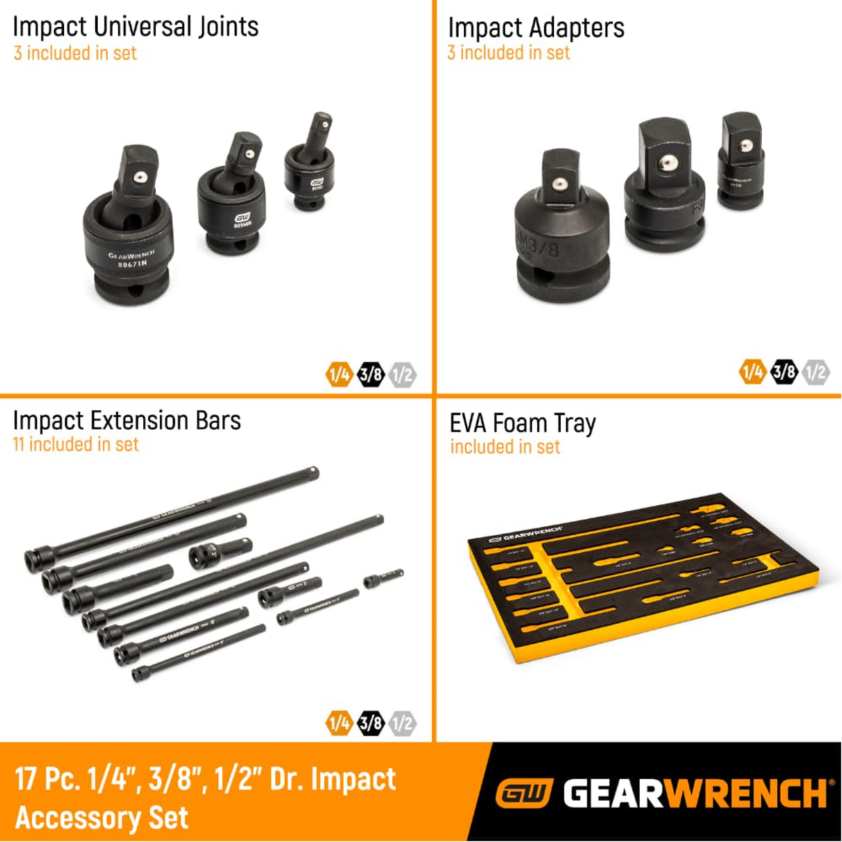 GearWrench 86524 17-Pc Impact Drive Accessory Set — 1/4", 3/8", 1/2" Drive, EVA Foam Tray