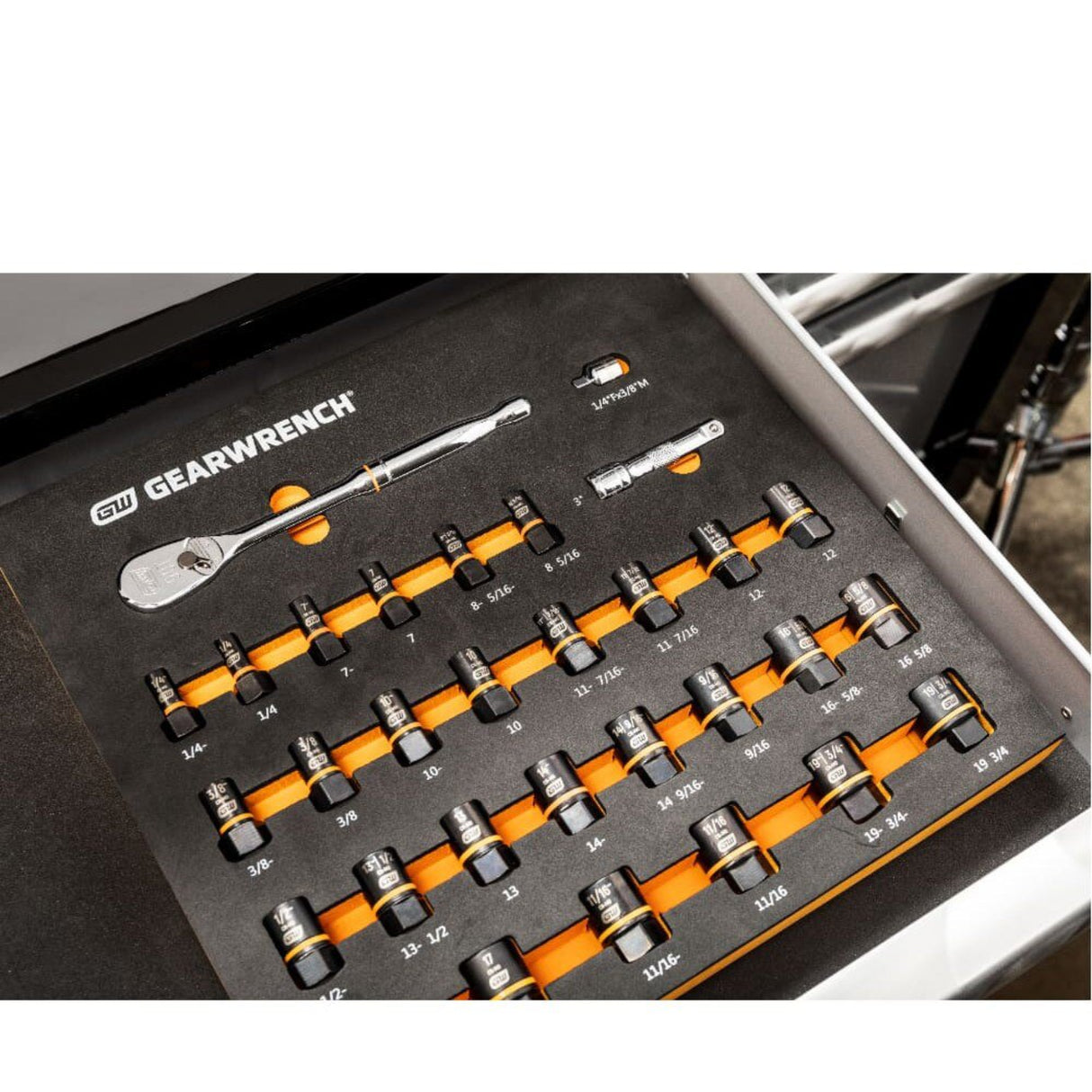 GearWrench 86525 31-Pc 3/8" Drive 90T Ratchet & Bolt Biter Socket Set — SAE/Metric, EVA Tray