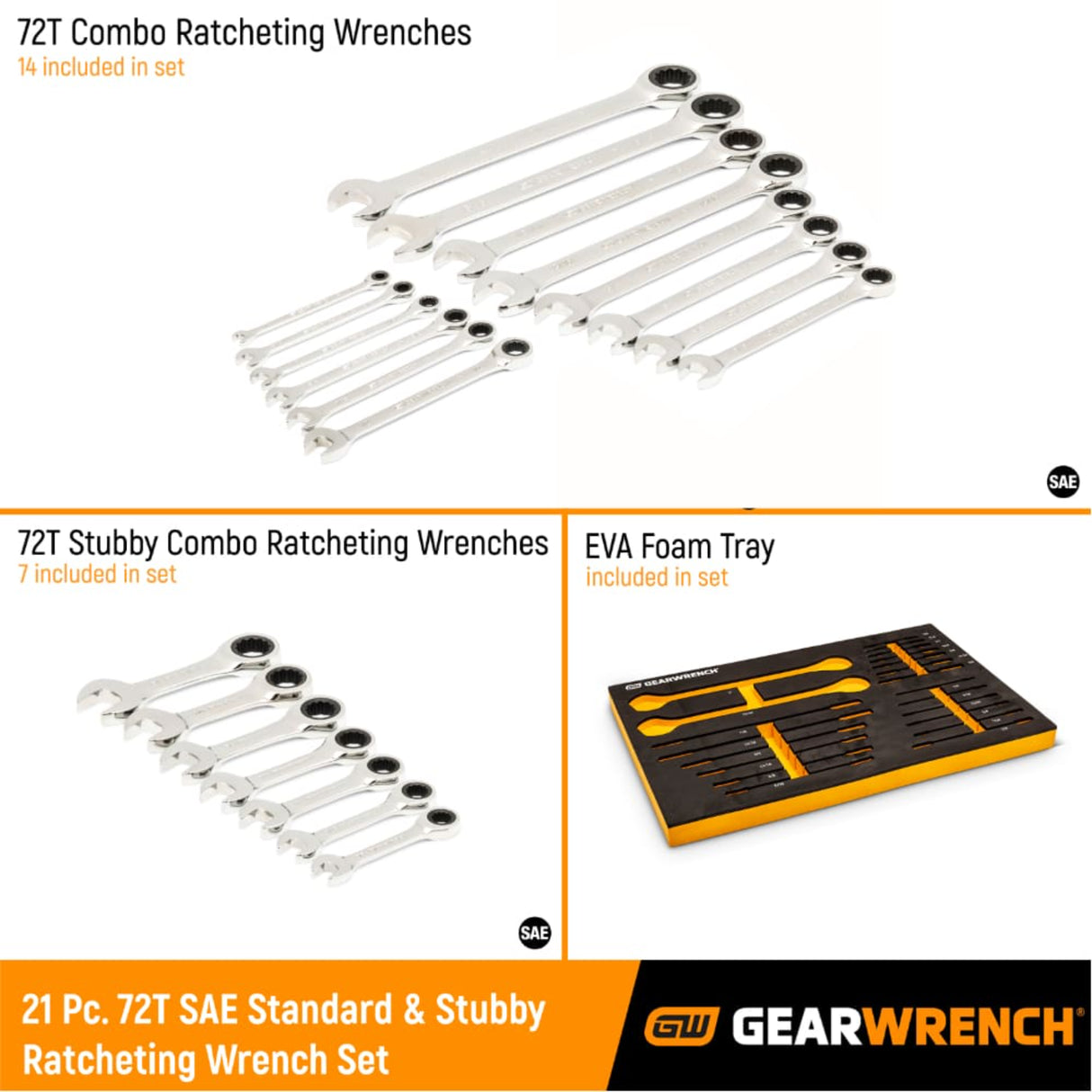 GearWrench 86526 21-Pc 72-Tooth 12-Point SAE Ratcheting Wrench Set — Standard & Stubby, EVA Tray