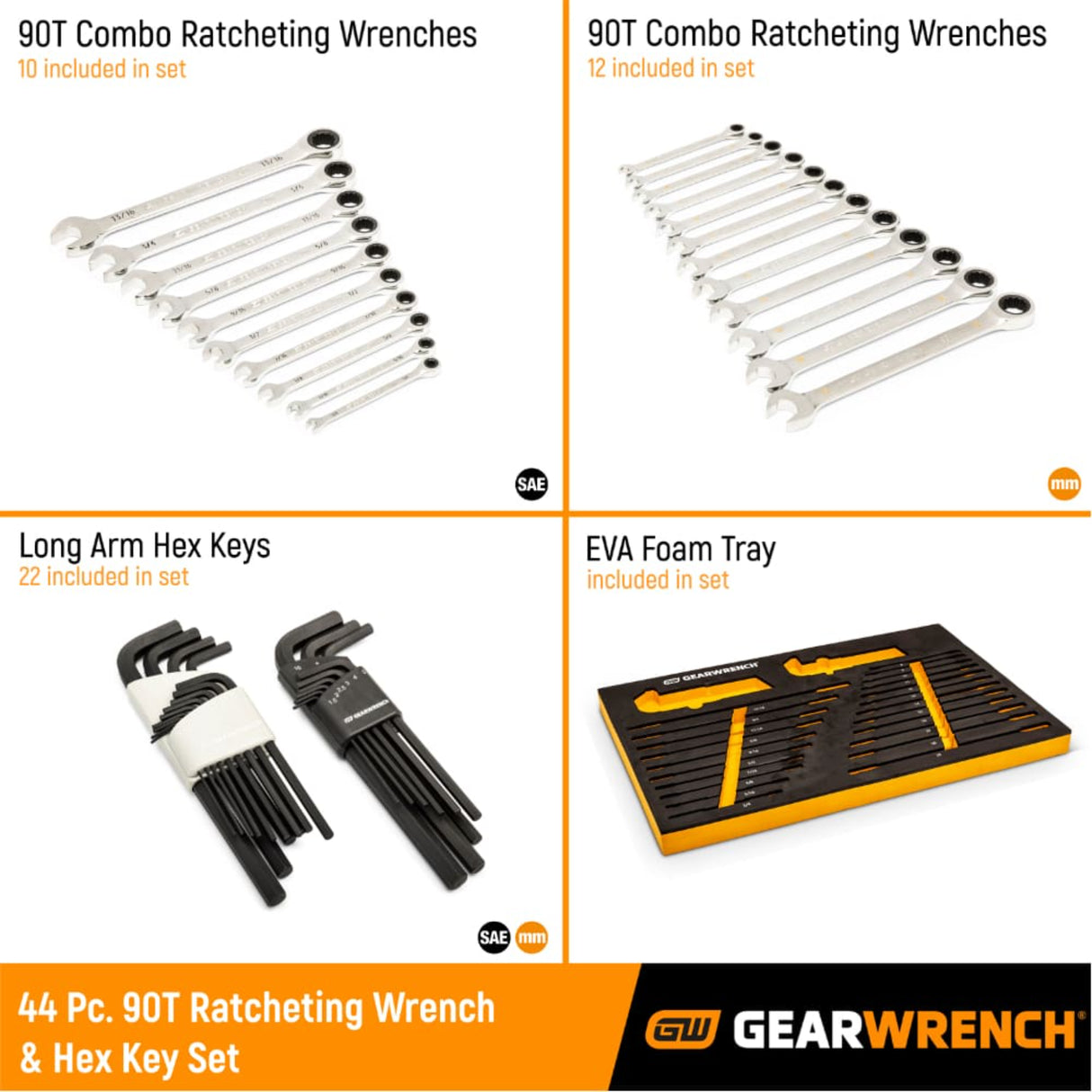 GearWrench 86528 44-Pc 90-Tooth Ratcheting Wrench & Hex Key Set — SAE & Metric, EVA Tray