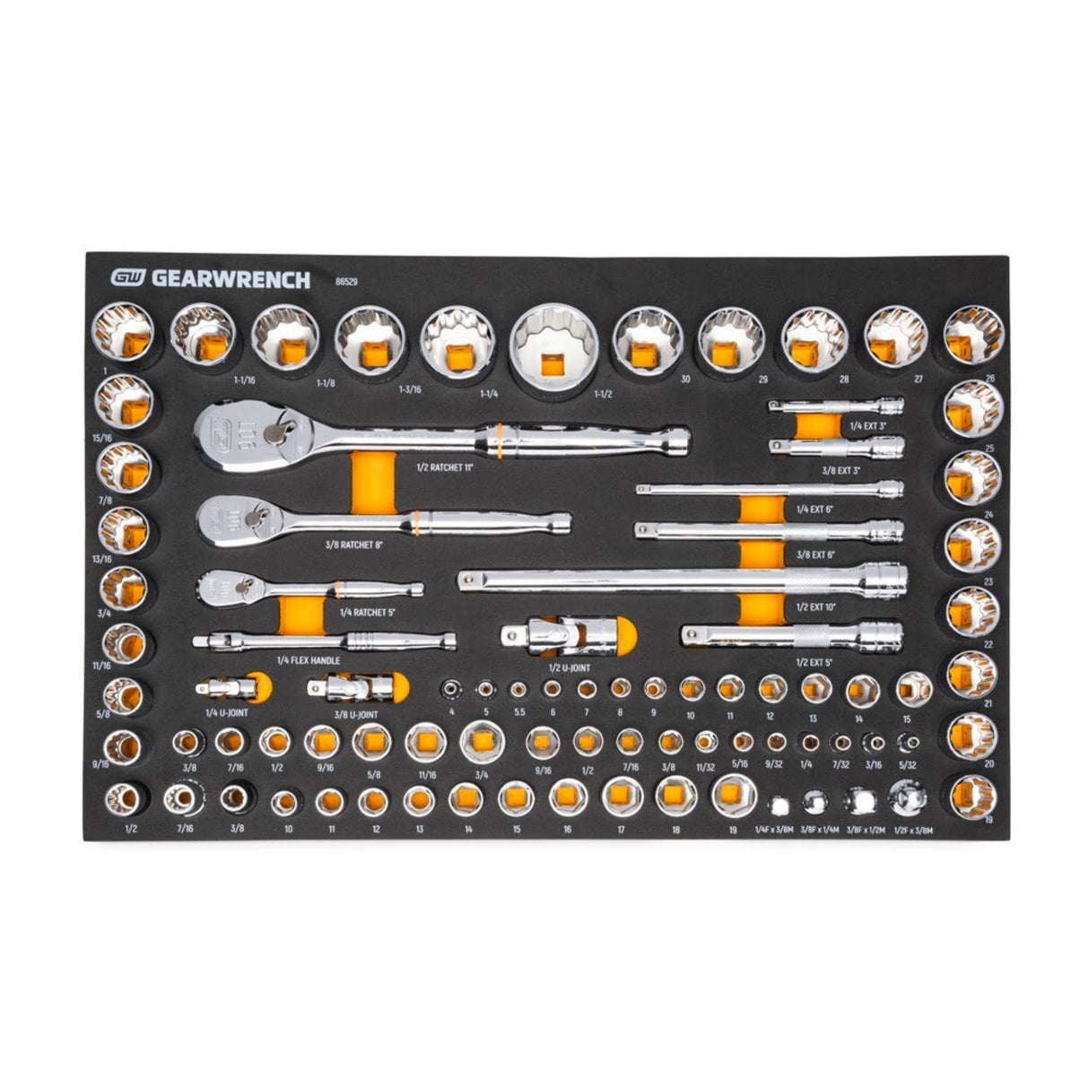 GearWrench 86529 83-Pc 90-Tooth Mechanics Tool Set — 1/4", 3/8", 1/2" Drive, SAE & Metric, EVA Tray