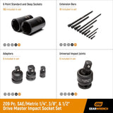 GearWrench 89072 209-Pc 6-Point Impact Socket Master Set — 1/4", 3/8", 1/2" Drive, SAE & Metric
