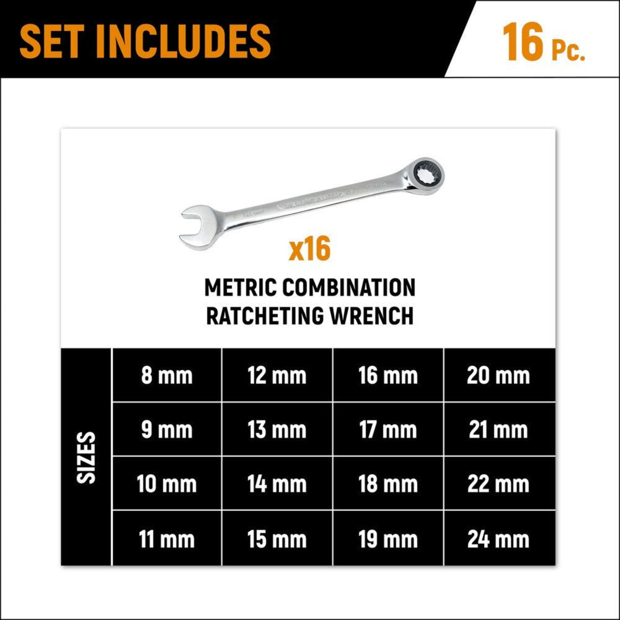GearWrench 9416 16-Pc 72-Tooth 12-Point Ratcheting Combination Wrench Set — Metric